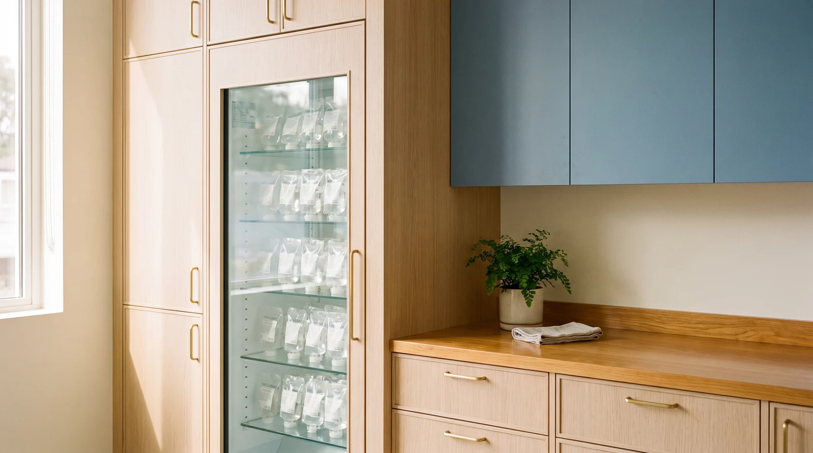 Rows of clear fluid bags in a glass-fronted refrigerated cabinet in a warm, well-kept clinic preparation area.