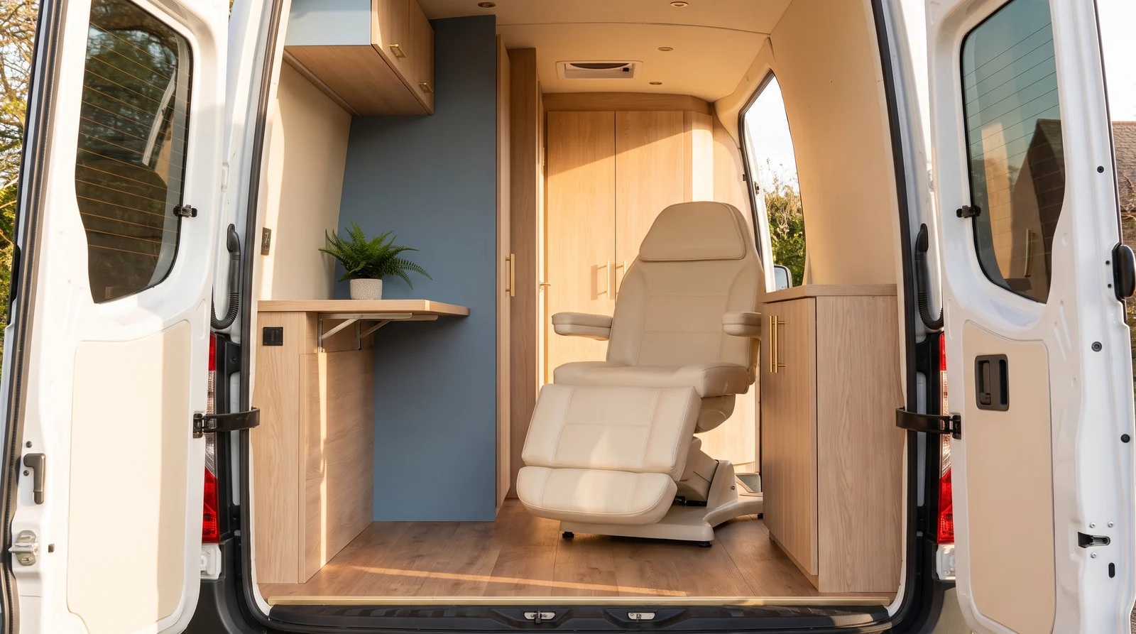 The fitted interior of a mobile treatment van with an upholstered chair and oak cabinetry, rear doors open to daylight.