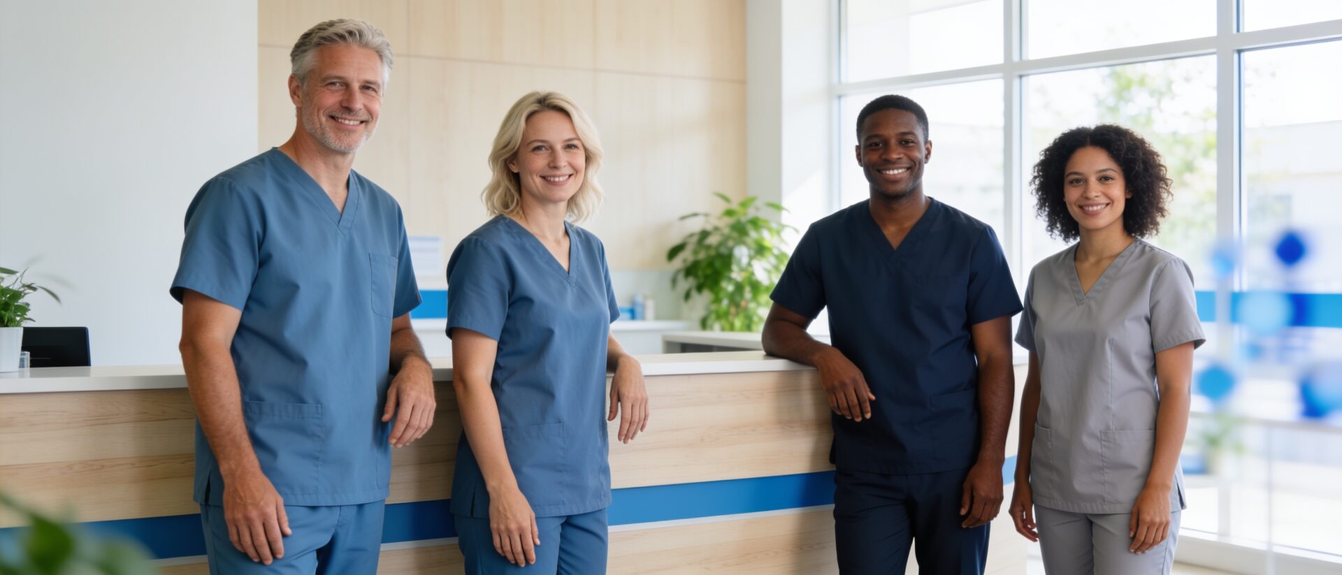 A small clinic team standing together at reception