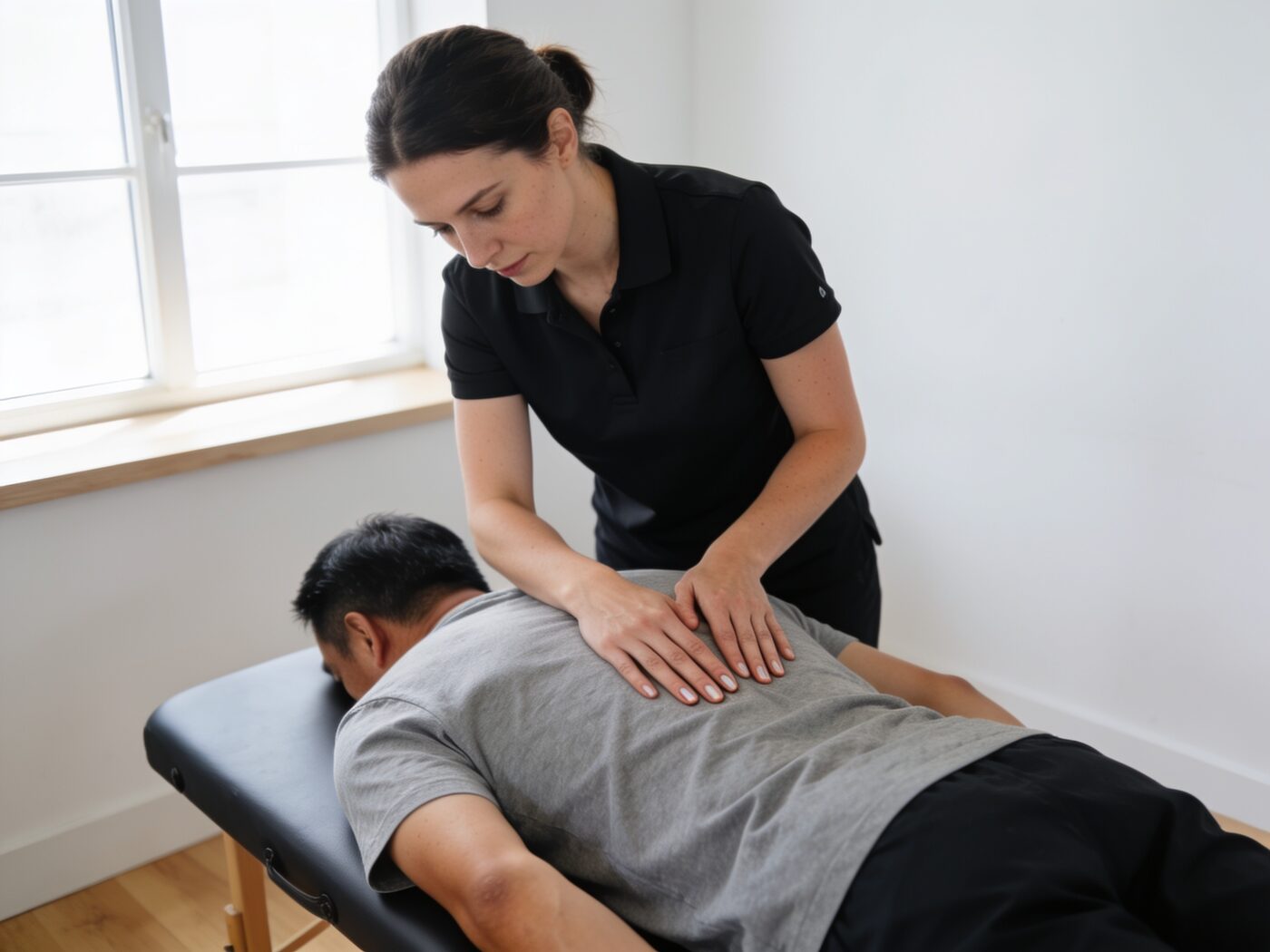 A chiropractor assessing a patient's back in a clean treatment room