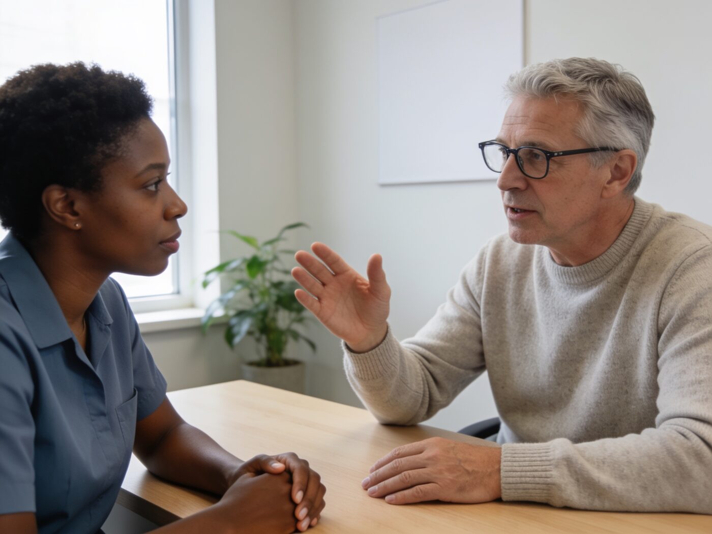 A practitioner and patient in conversation across a consulting desk