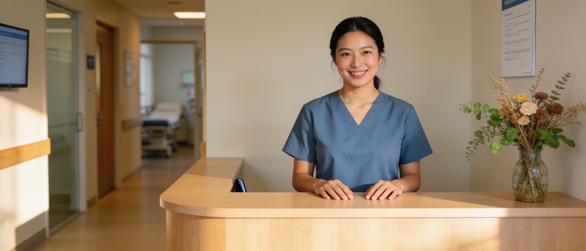 A clinic receptionist looking up to greet an arriving patient