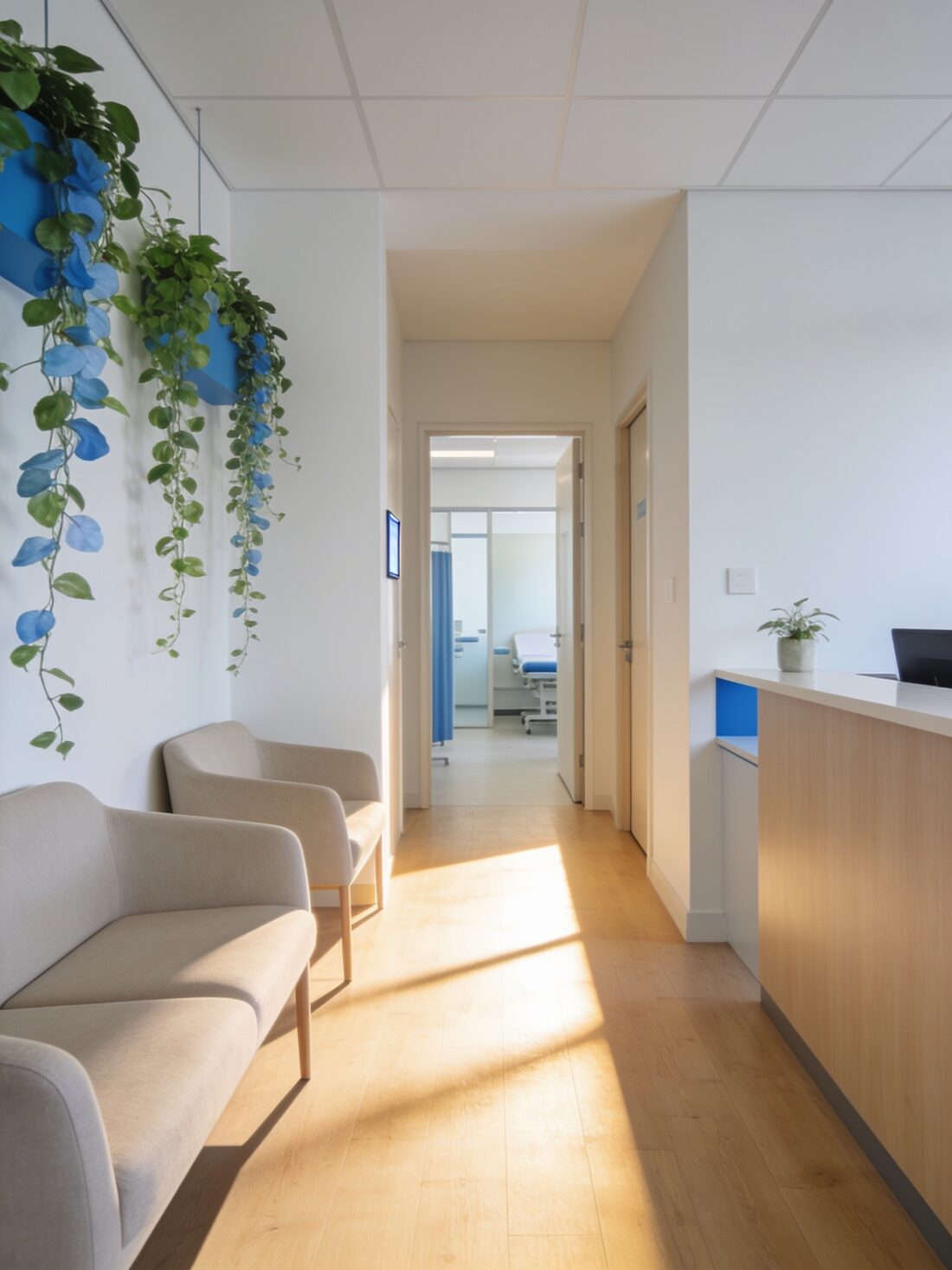 A calm modern clinic interior with natural light