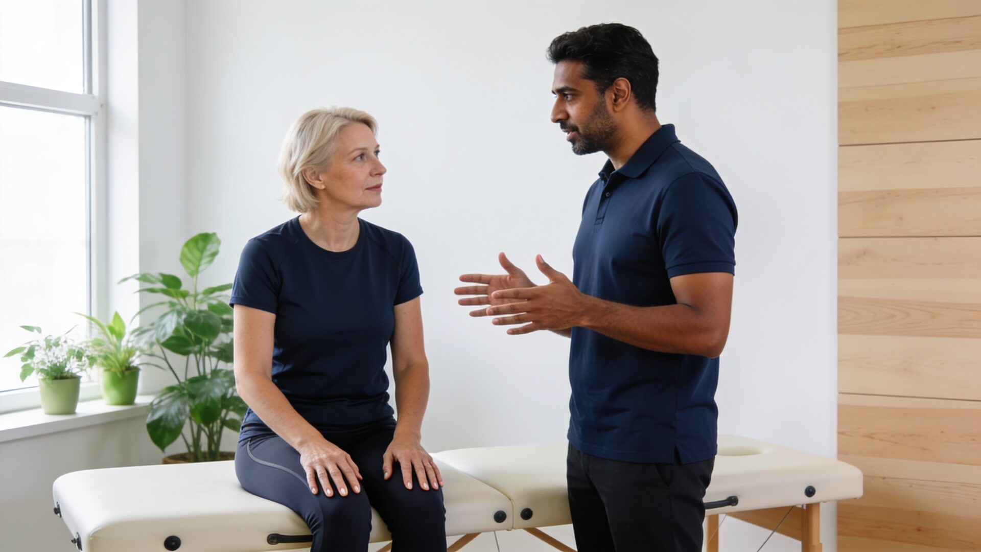 A chiropractor talking with a patient in a bright modern treatment room
