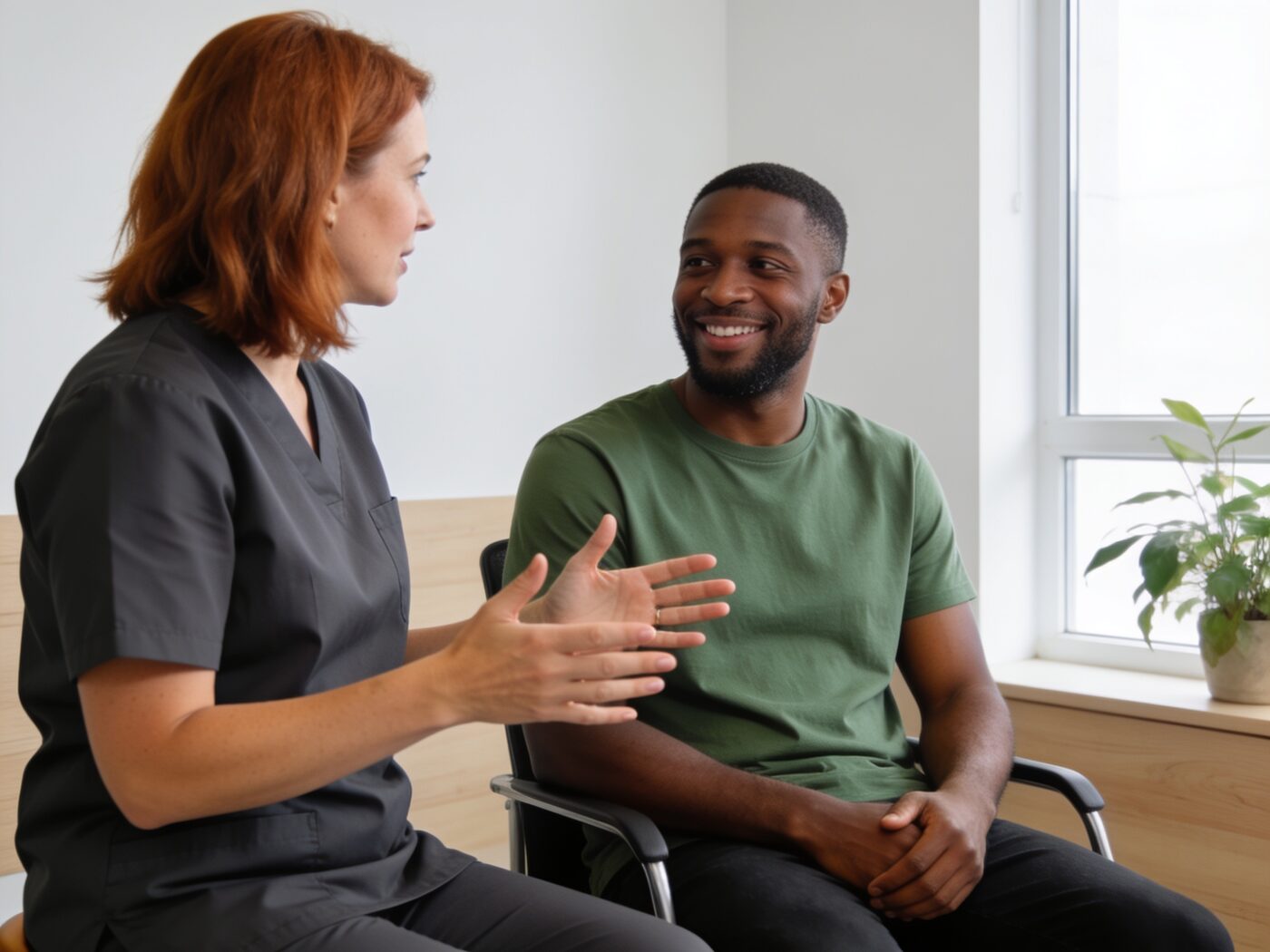 A practitioner explaining something calmly to a seated patient