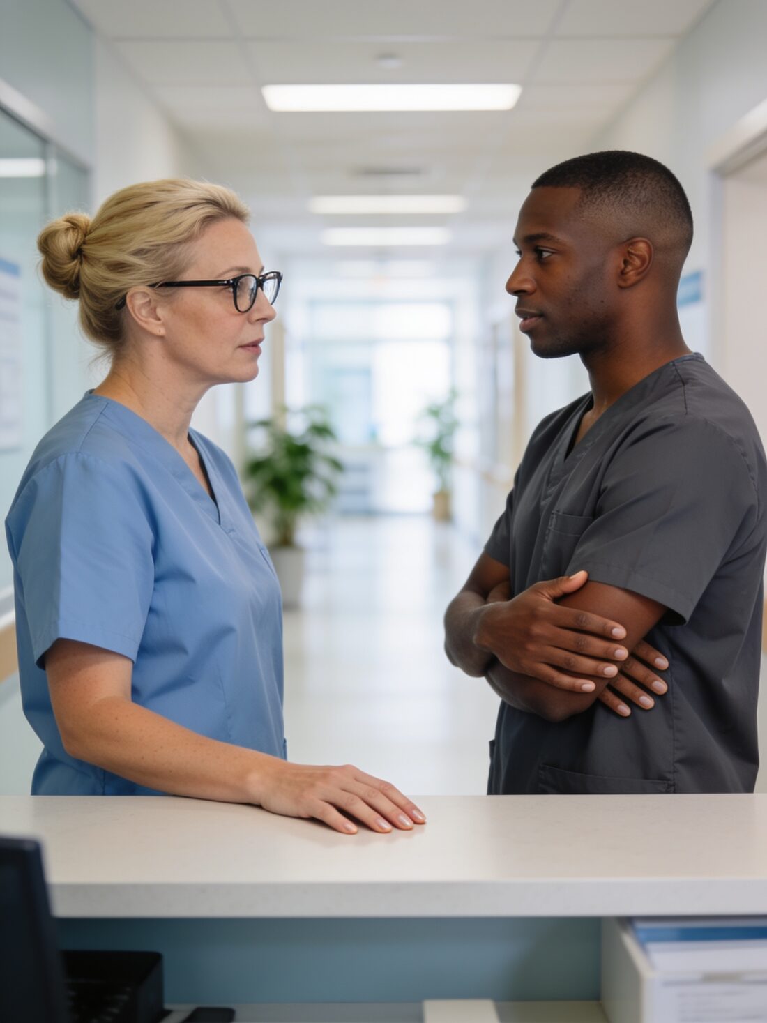 Two clinicians reviewing something together at a clinic workstation