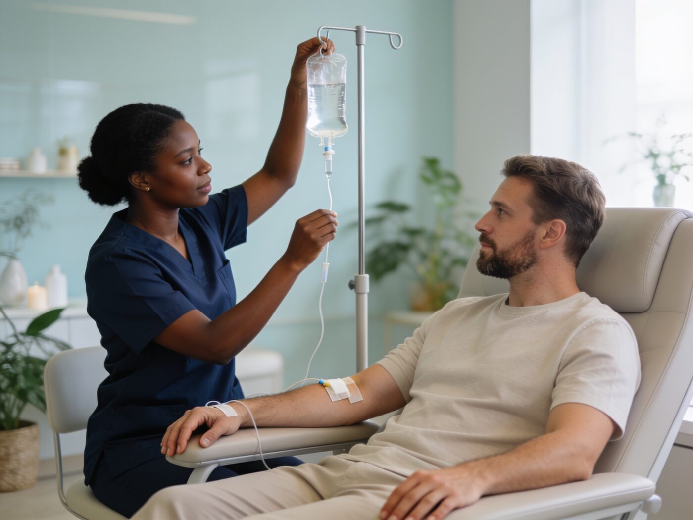 A nurse setting up an IV drip for a seated client in a calm wellness clinic