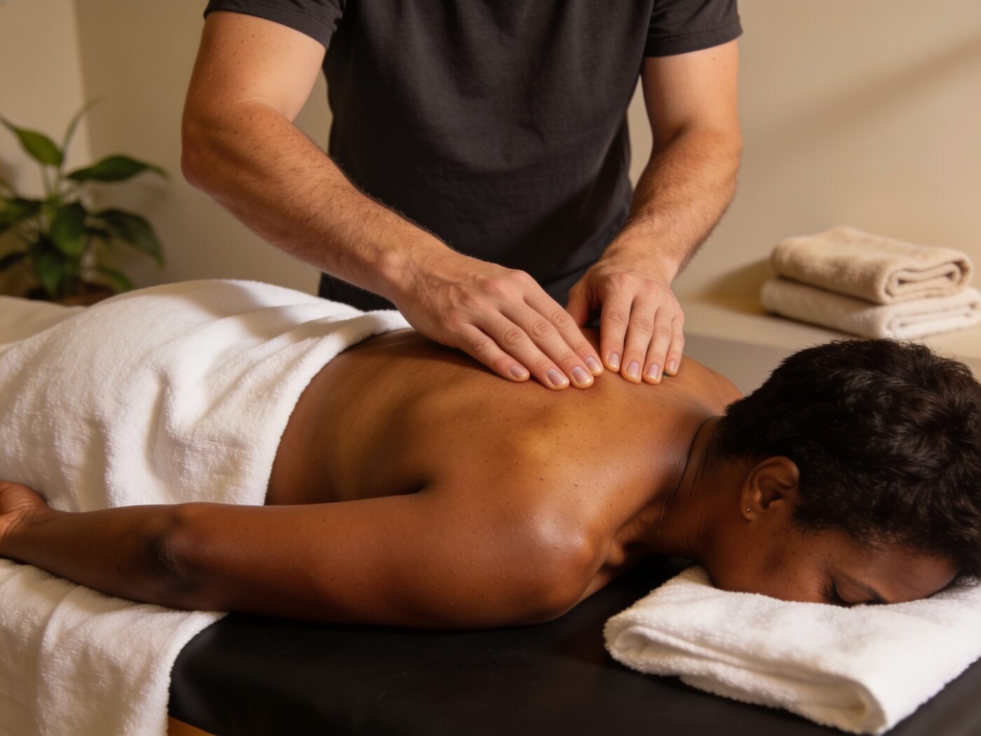 A massage therapist working on a client's shoulder in a quiet treatment room