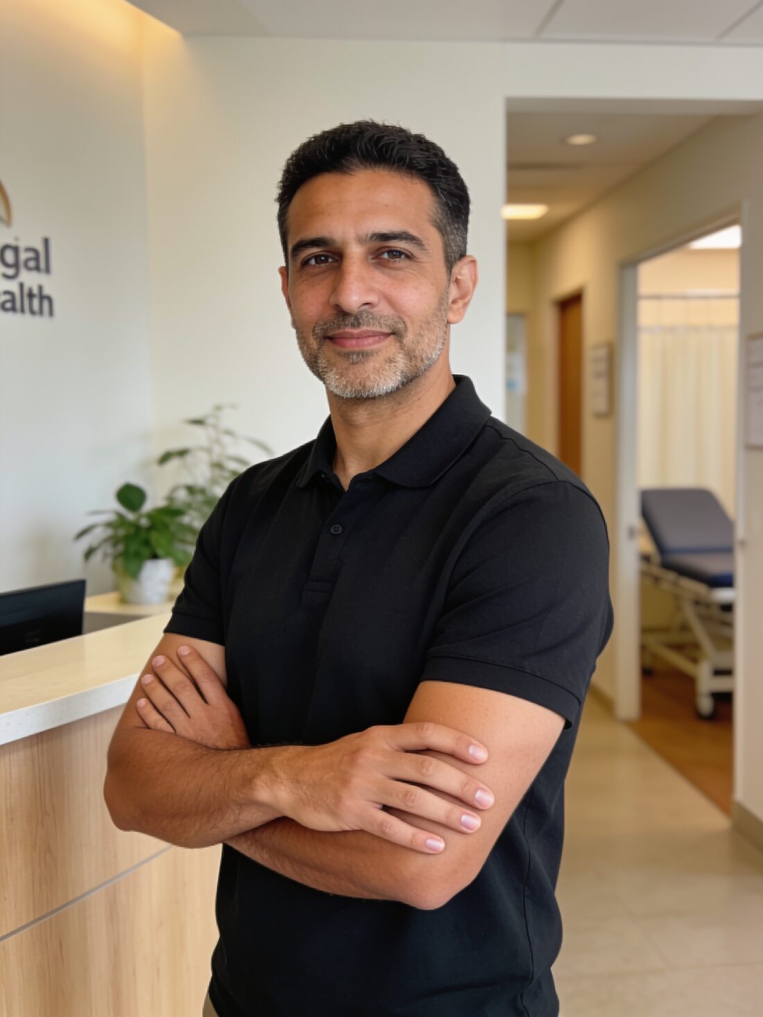 A clinic owner standing in the reception area of their practice