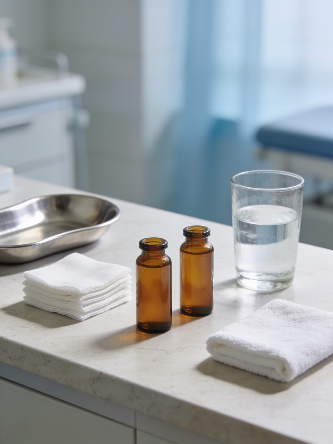 A clean flat lay of unbranded clinical supplies on a treatment counter